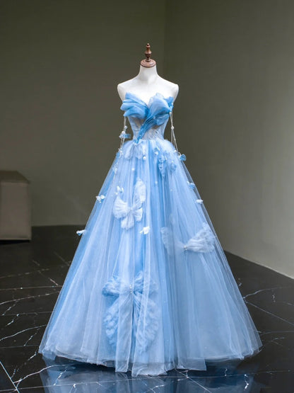 Robe de bal mignonne en tulle bleu cœur, longue sans manches, pour lycéennes et jeunes filles, N1038