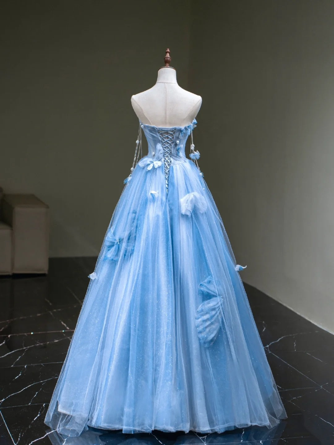 Robe de bal mignonne en tulle bleu cœur, longue sans manches, pour lycéennes et jeunes filles, N1038