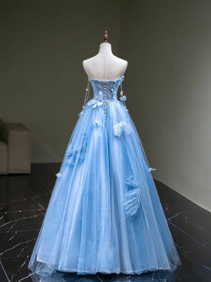 Robe de bal mignonne en tulle bleu cœur, longue sans manches, pour lycéennes et jeunes filles, N1038