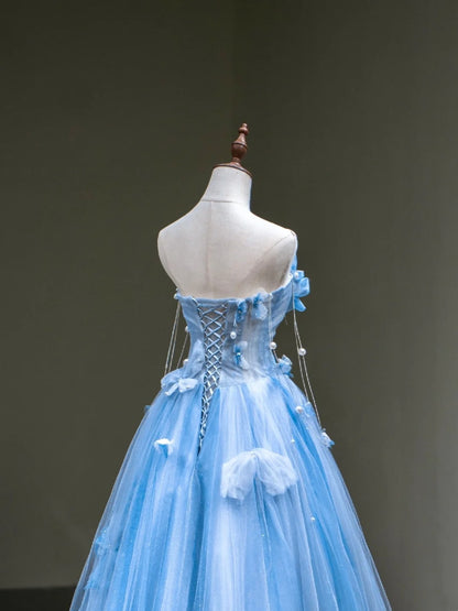 Robe de bal mignonne en tulle bleu cœur, longue sans manches, pour lycéennes et jeunes filles, N1038