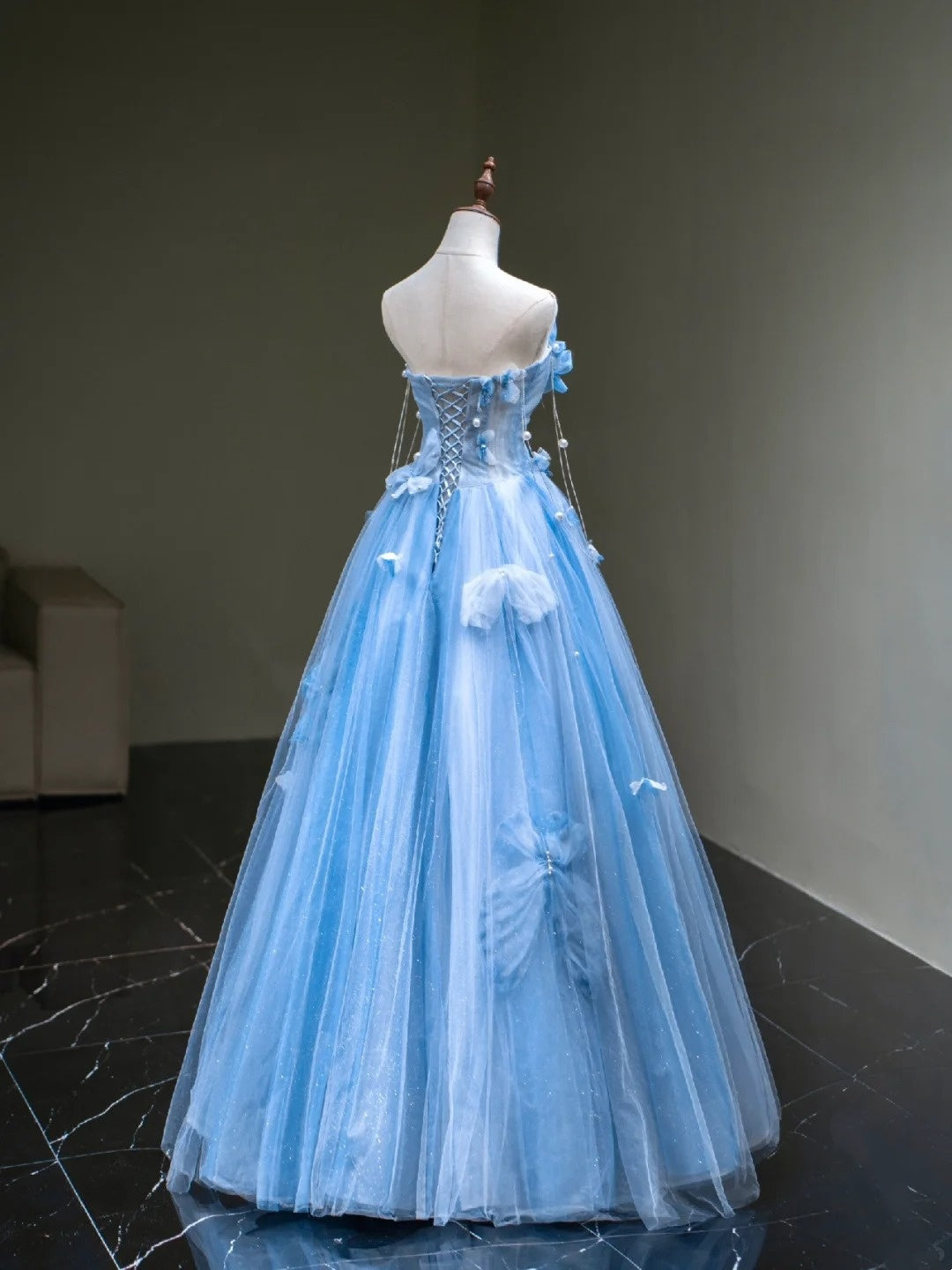 Robe de bal mignonne en tulle bleu cœur, longue sans manches, pour lycéennes et jeunes filles, N1038