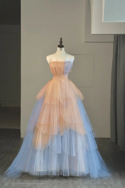 Robe de bal bustier rose et bleue en tulle, longue et ravissante, idéale pour les lycéennes et les jeunes filles (N1039)