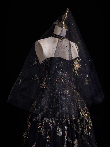 Robe de bal sobre en tulle noir et dentelle, décolleté cœur, longue, idéale pour les lycéennes et les demoiselles d'honneur (N1035)