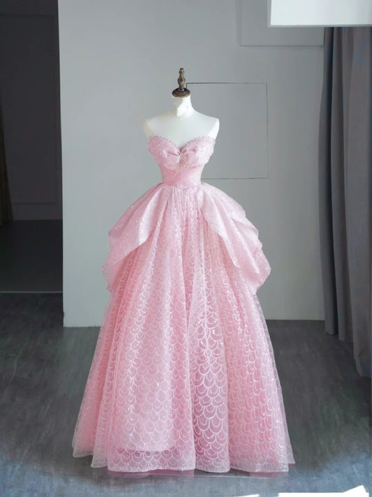 Elegantes, langes Ballkleid aus rosa Tüll mit Herzausschnitt für Schülerinnen und Mädchen, auch als formelles Brautjungfernkleid geeignet (N1040)