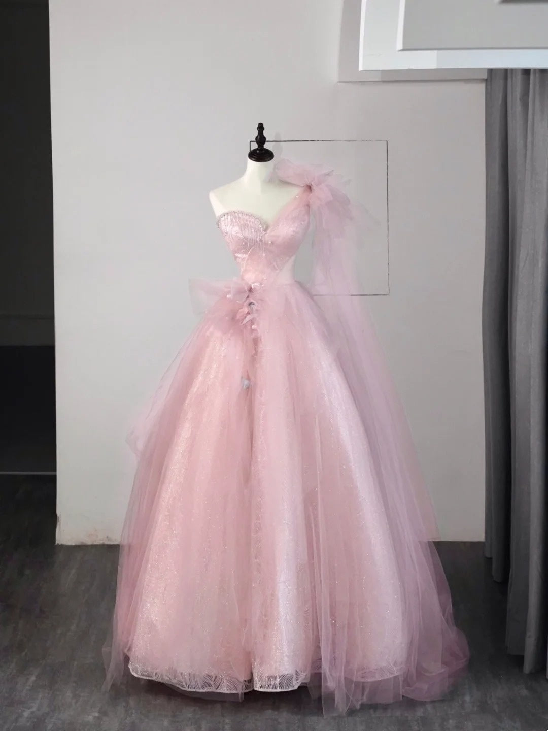 Robe de bal modeste à une épaule en tulle rose, longue, pour lycéennes et demoiselles d'honneur, N1041