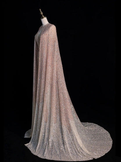Robe de bal longue rose sirène à fines bretelles et sequins, avec cape, N1043