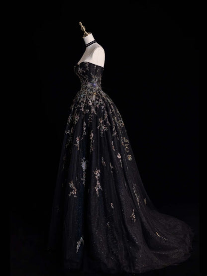 Robe de bal sobre en tulle noir et dentelle, décolleté cœur, longue, idéale pour les lycéennes et les demoiselles d'honneur (N1035)