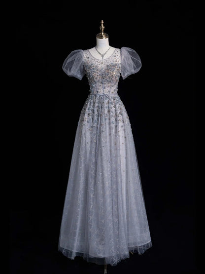 Robe de bal modeste, col rond, en tulle gris argenté, manches longues ou courtes, idéale pour les lycéennes et les demoiselles d'honneur (N1037)