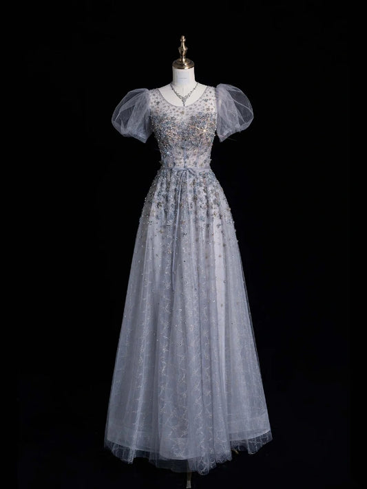 Elegantes Ballkleid mit U-Boot-Ausschnitt, silbergrau, aus Tüll, lang und kurzärmelig, für Schülerinnen und Mädchen, formelles Brautjungfernkleid N1037