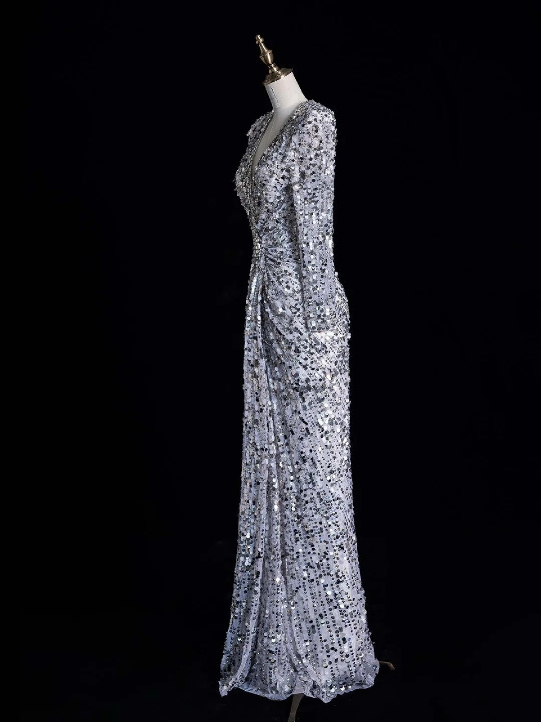 Robe de bal longue sirène argentée à col en V et sequins froncés, élégante et raffinée, référence N1045
