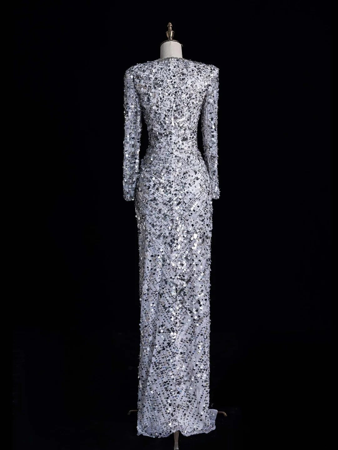 Robe de bal longue sirène argentée à col en V et sequins froncés, élégante et raffinée, référence N1045