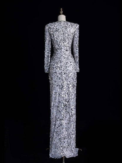 Robe de bal longue sirène argentée à col en V et sequins froncés, élégante et raffinée, référence N1045