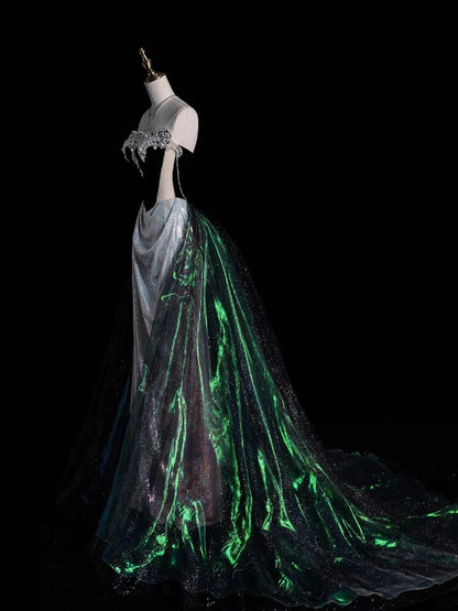 Robe de bal longue sirène bustier gris argenté ornée de perles, tenue de soirée formelle N1046