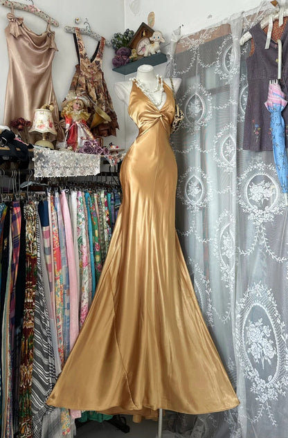 Robe de bal longue sirène élégante en satin doré dos nu et col en V pour adolescentes - Tenue de soirée formelle N1047