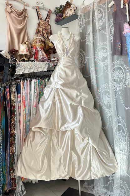 Elegantes, elfenbeinfarbenes Satin-Abendkleid mit Neckholder für Highschool-Mädchen, formelles Brautjungfernkleid N1050