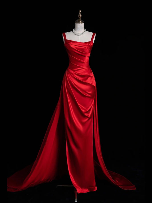 Unique Mermaid Square Neck Red Satin Long Prom Dresses Evening Outfits Formal Dress N1051