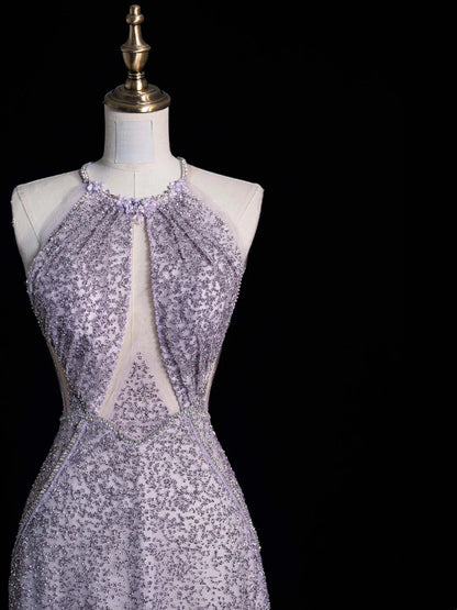 Robe de bal longue grise à sequins, élégante et trapèze, dos nu, pour adolescentes - Tenue de soirée formelle N1053