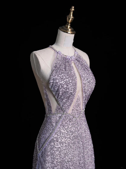 Robe de bal longue grise à sequins, élégante et trapèze, dos nu, pour adolescentes - Tenue de soirée formelle N1053