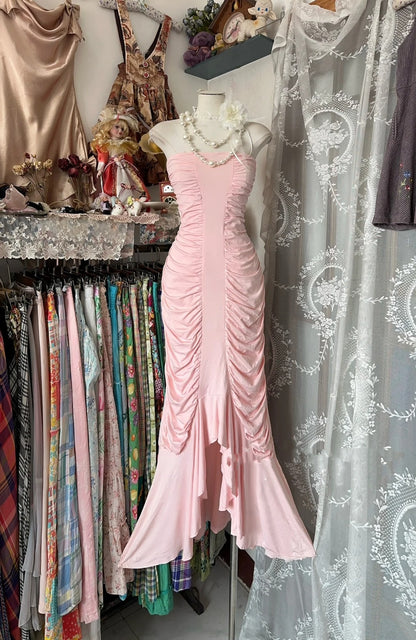 Einzigartiges, trägerloses, gestuftes, langes Meerjungfrauen-Abendkleid in Rosa, formelles Abendkleid N1059