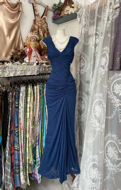 Robe de bal longue en mousseline bleu marine, col en V, style sirène rétro, pour adolescentes - Tenue de soirée - Robe de fin d'études N1062