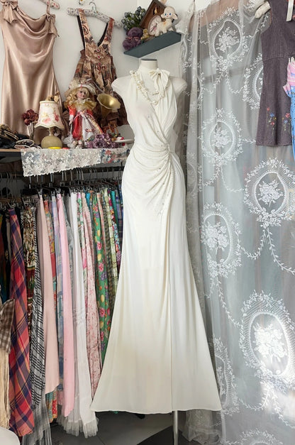 Robe de bal longue sirène élégante ivoire à col halter pour adolescentes - Tenue de soirée - Robe de cérémonie N1056