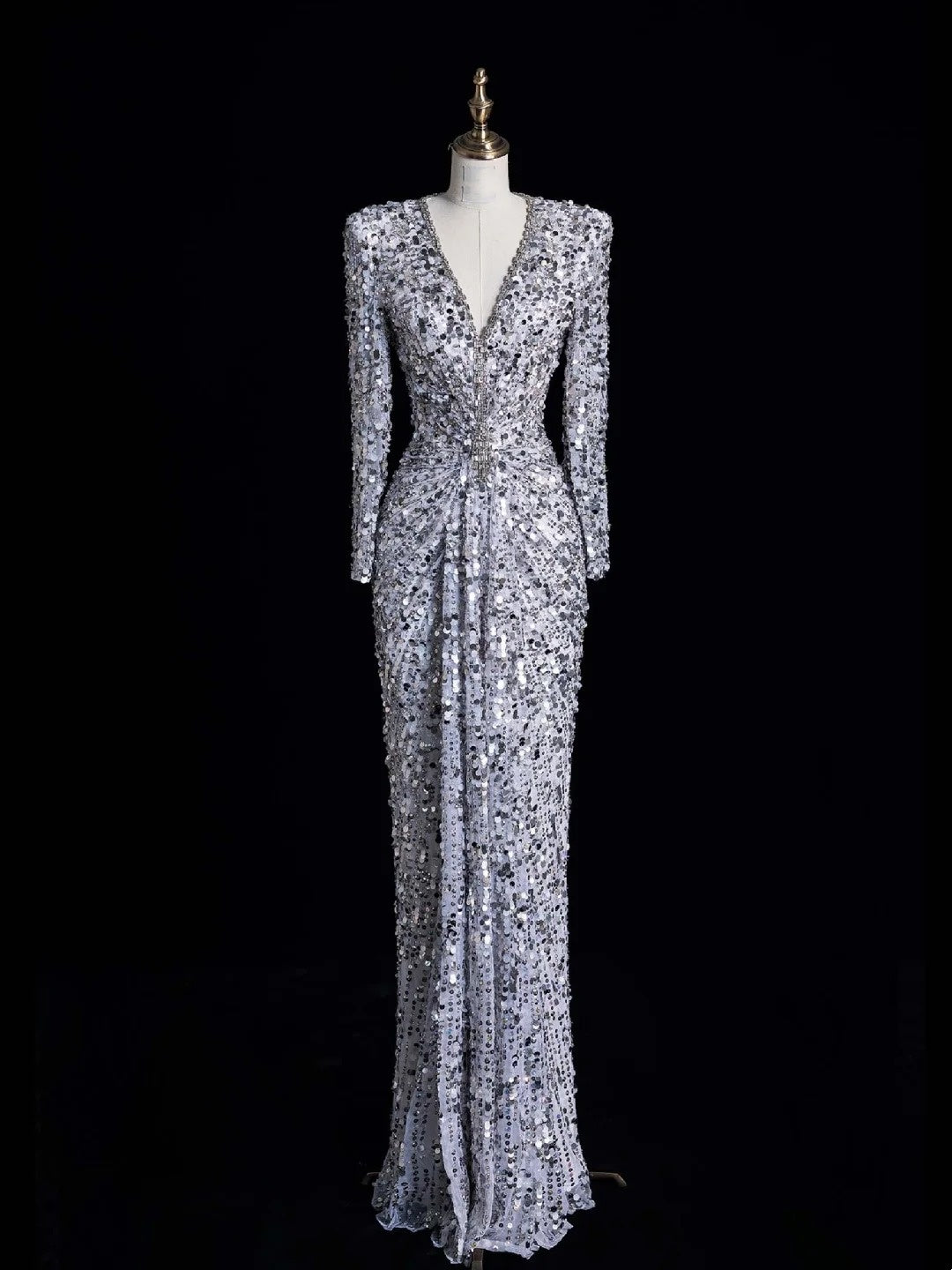Robe de bal longue sirène argentée à col en V et sequins froncés, élégante et raffinée, référence N1045