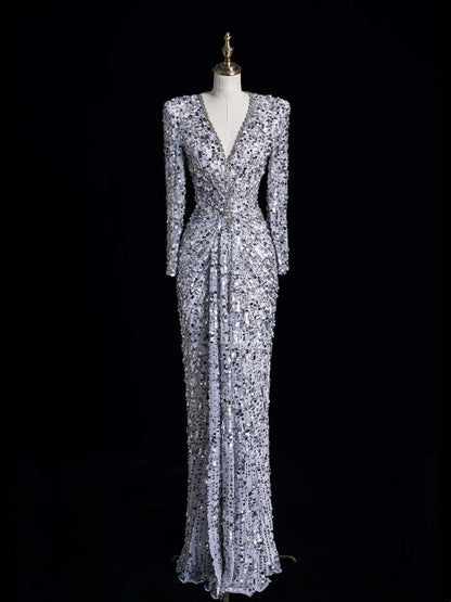Robe de bal longue sirène argentée à col en V et sequins froncés, élégante et raffinée, référence N1045