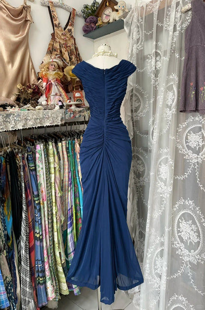 Robe de bal longue en mousseline bleu marine, col en V, style sirène rétro, pour adolescentes - Tenue de soirée - Robe de fin d'études N1062
