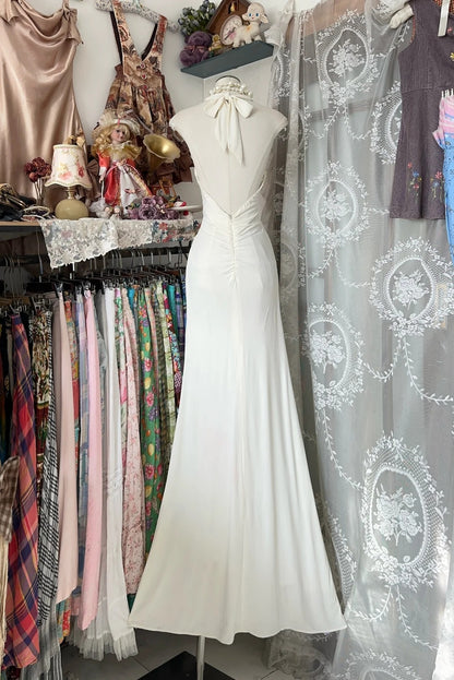 Robe de bal longue sirène élégante ivoire à col halter pour adolescentes - Tenue de soirée - Robe de cérémonie N1056