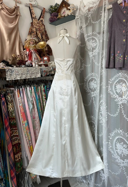 Robe de bal longue blanche en satin, élégante, coupe trapèze, dos nu, pour adolescentes, tenue de soirée formelle N1057