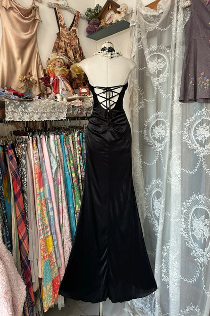 Robe de bal longue sirène élégante en satin noir, dos nu, pour adolescentes, tenue de soirée formelle N1063