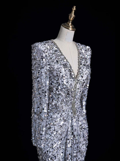 Robe de bal longue sirène argentée à col en V et sequins froncés, élégante et raffinée, référence N1045