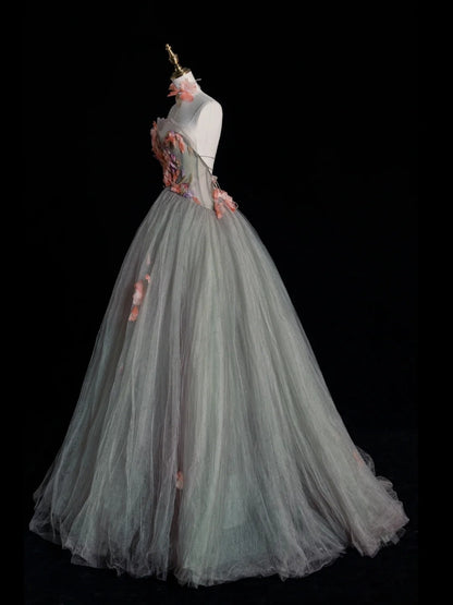 Robe de bal longue en tulle gris sans bretelles, style modeste, idéale pour les adolescentes et les jeunes filles. Robe de demoiselle d'honneur élégante N1068