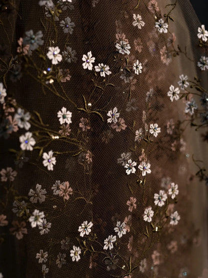 Robe de soirée élégante en tulle à col V et imprimé floral, idéale pour le bal de fin d'année ou les remises de diplômes (N1238)
