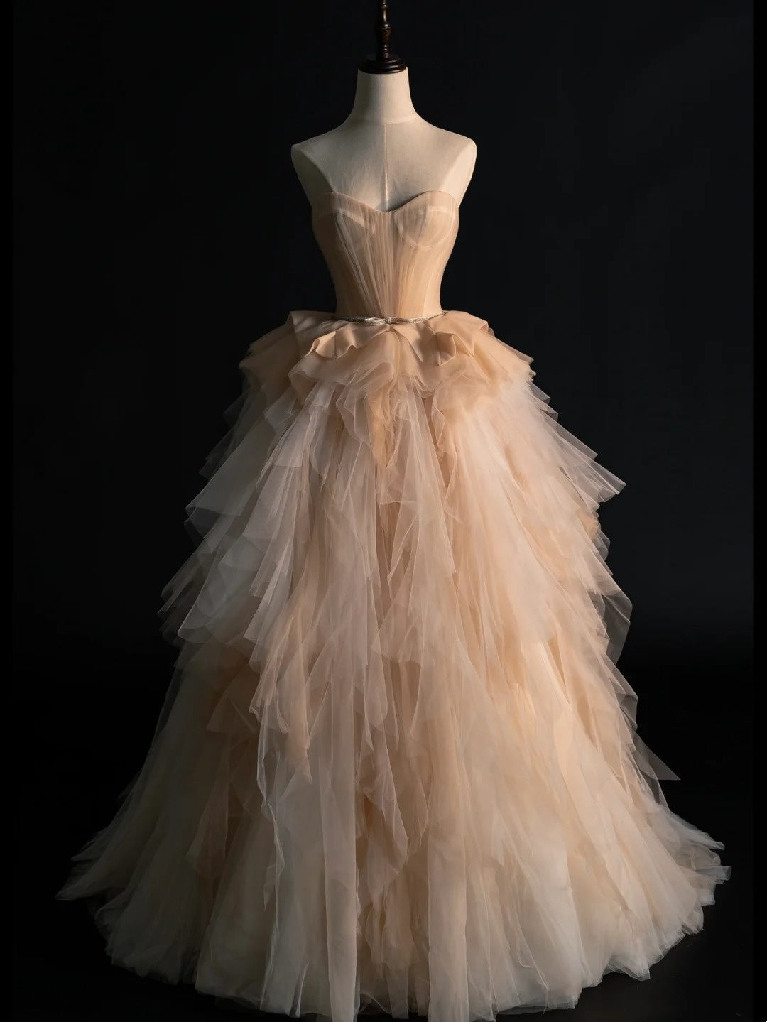 Robe de bal modeste Sweethart en tulle champagne, tenue de soirée pour l'université, inspiration pour le bal de fin d'année, robe de remise de diplôme N1232