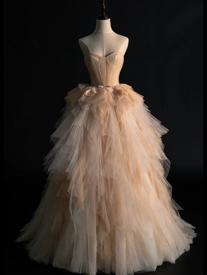 Robe de bal modeste Sweethart en tulle champagne, tenue de soirée pour l'université, inspiration pour le bal de fin d'année, robe de remise de diplôme N1232