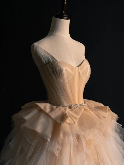 Robe de bal modeste Sweethart en tulle champagne, tenue de soirée pour l'université, inspiration pour le bal de fin d'année, robe de remise de diplôme N1232