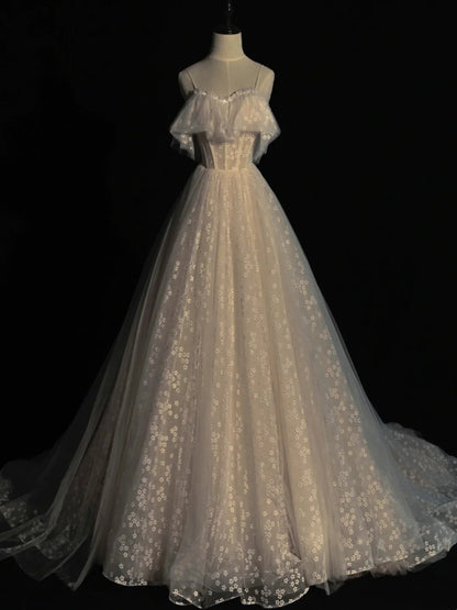 Robe de bal princesse à bretelles spaghetti, fleurs blanches, inspiration printemps, tulle, robe de bal longue N1236