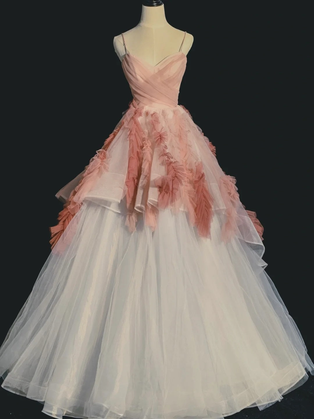 Robe de bal élégante à bretelles spaghetti en tulle rose, inspiration robe de bal longue N1233