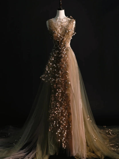 Robe de soirée élégante en tulle à col V et imprimé floral, idéale pour le bal de fin d'année ou les remises de diplômes (N1238)