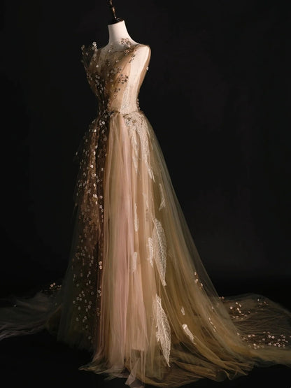 Robe de soirée élégante en tulle à col V et imprimé floral, idéale pour le bal de fin d'année ou les remises de diplômes (N1238)