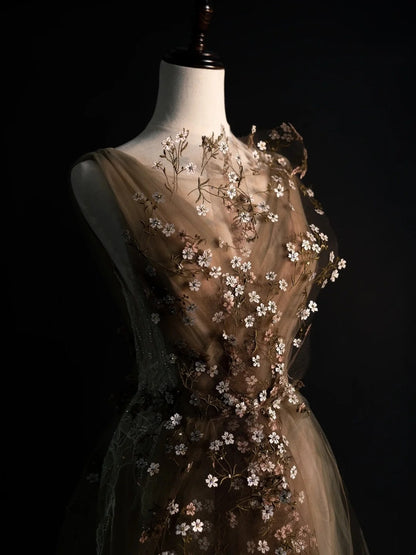 Robe de soirée élégante en tulle à col V et imprimé floral, idéale pour le bal de fin d'année ou les remises de diplômes (N1238)