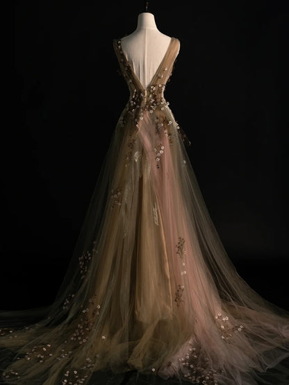 Robe de soirée élégante en tulle à col V et imprimé floral, idéale pour le bal de fin d'année ou les remises de diplômes (N1238)