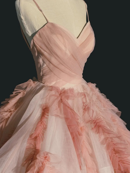 Robe de bal élégante à bretelles spaghetti en tulle rose, inspiration robe de bal longue N1233