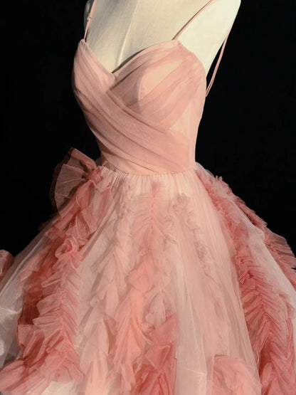 Robe de bal élégante à bretelles spaghetti en tulle rose, inspiration robe de bal longue N1233