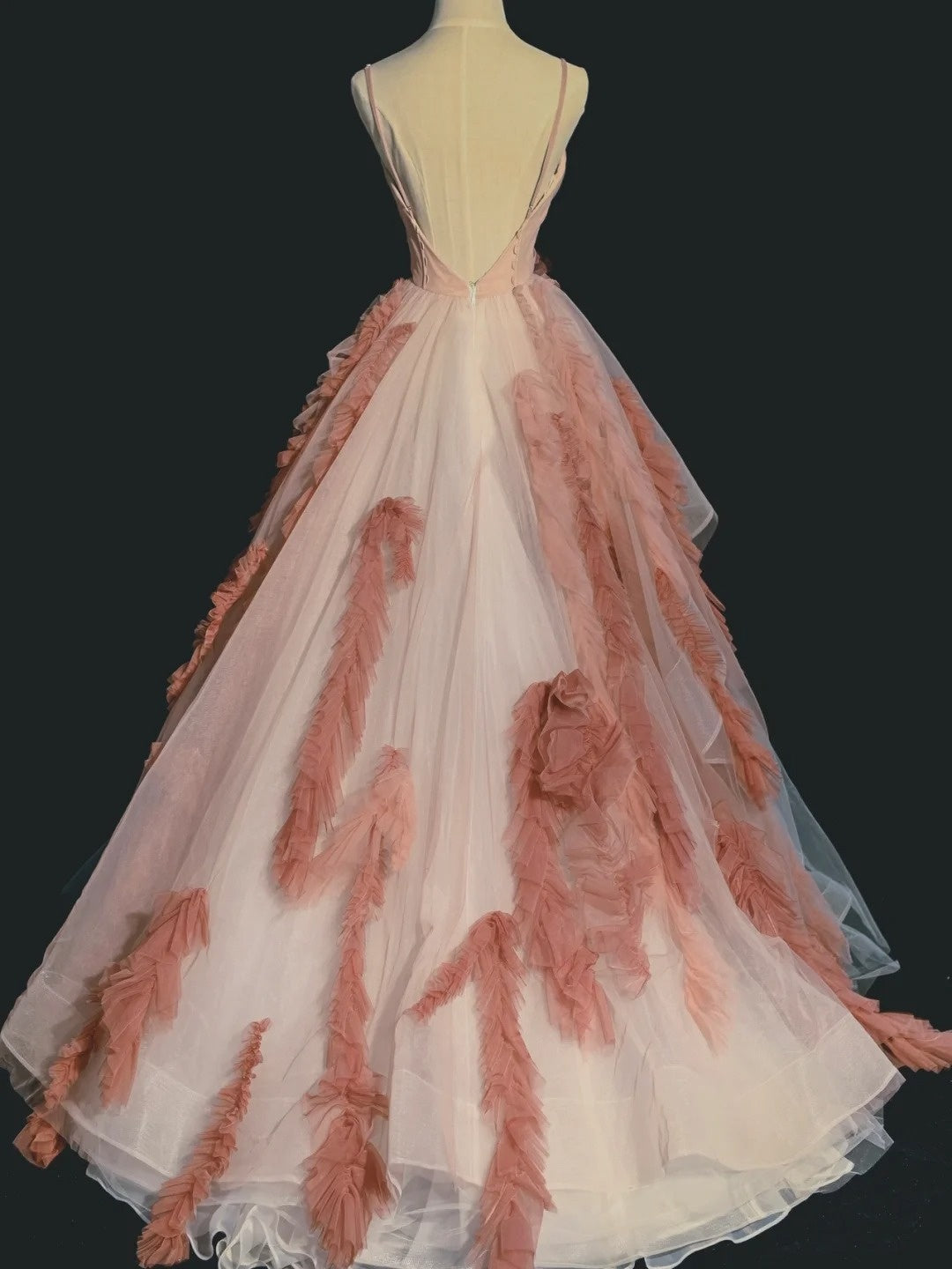 Robe de bal élégante à bretelles spaghetti en tulle rose, inspiration robe de bal longue N1233