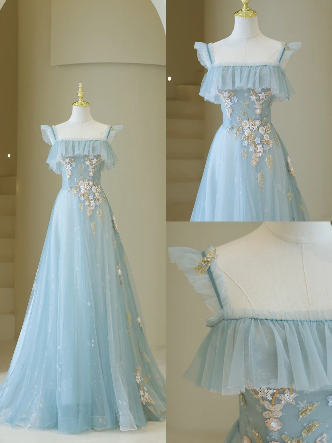 Niedliches Ballkleid mit Spaghettiträgern, hellblauer Tüll, langes Abendkleid, beeindruckendes Outfit zum 19. Geburtstag, Abiballkleid AB865