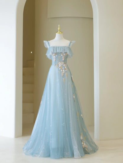 Niedliches Ballkleid mit Spaghettiträgern, hellblauer Tüll, langes Abendkleid, beeindruckendes Outfit zum 19. Geburtstag, Abiballkleid AB865