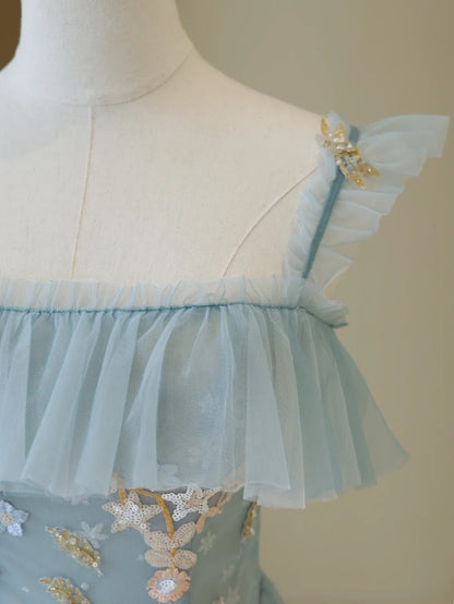 Niedliches Ballkleid mit Spaghettiträgern, hellblauer Tüll, langes Abendkleid, beeindruckendes Outfit zum 19. Geburtstag, Abiballkleid AB865