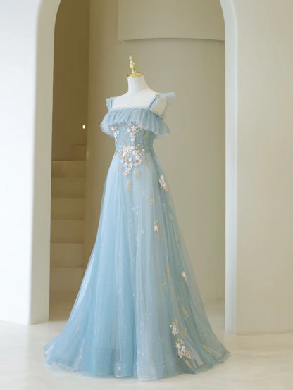 Niedliches Ballkleid mit Spaghettiträgern, hellblauer Tüll, langes Abendkleid, beeindruckendes Outfit zum 19. Geburtstag, Abiballkleid AB865